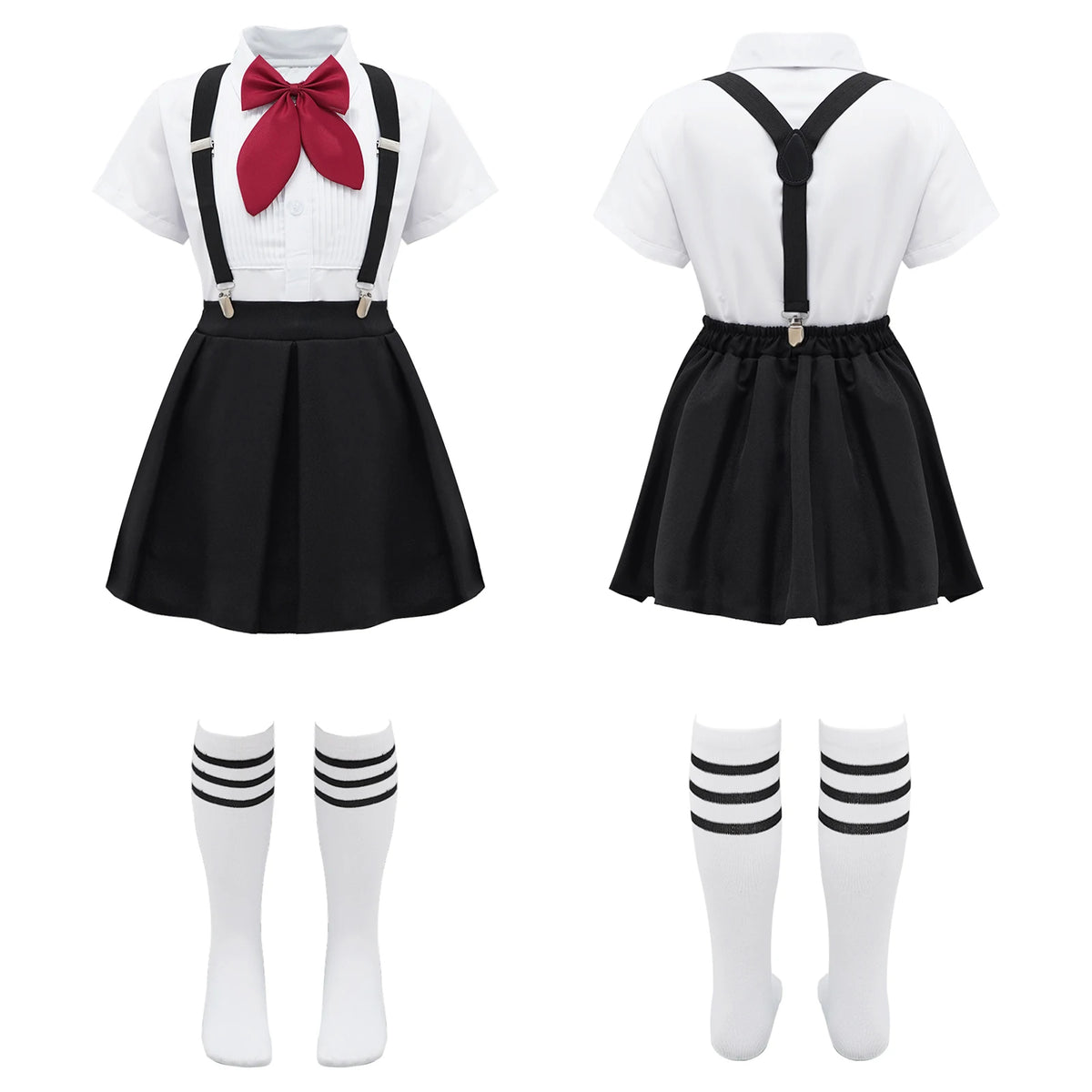 Children Girls Choir Outfits School Uniform Bow Tie Shirt with Suspender Skirt and Socks Schoolgirls Stage Performance Costume