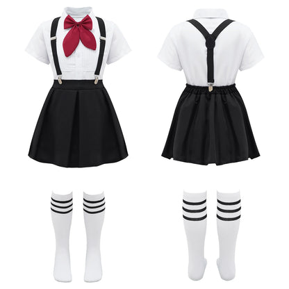 Children Girls Choir Outfits School Uniform Bow Tie Shirt with Suspender Skirt and Socks Schoolgirls Stage Performance Costume