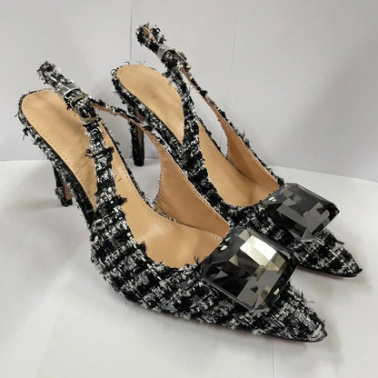 Luxury Diamonds Brand High Heels Women Sexy Pointed Toe Pumps Jewelry Sandals Ladies Elegant  Backless Party Dress Shoes Female