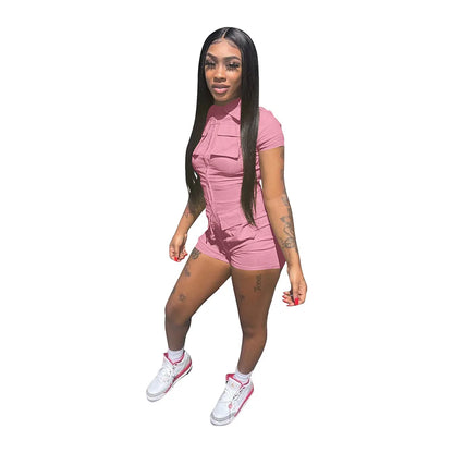 Red Jumpsuit for Woman Short Zipper V Turn Down Short Sleeve Overall Jumpsuit Shorts Casual Pockets Bodycon Rompers 2XL