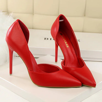 Summer Women 10.5cm High Heels Leather Pumps Female Escarpins Elegant Sweet Yellow Pink Stiletto Lady Wedding Heels Hollow Shoes