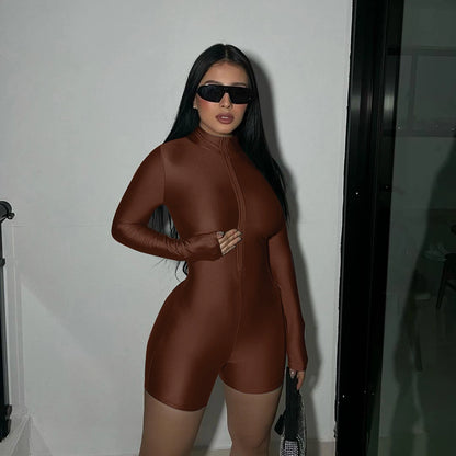 Hugcitar Solid Turtleneck Long Sleeve Zip Up Sexy Slim Skinny One Piece Playsuit 2024 Fall Women Fashion Streetwear Party Romper