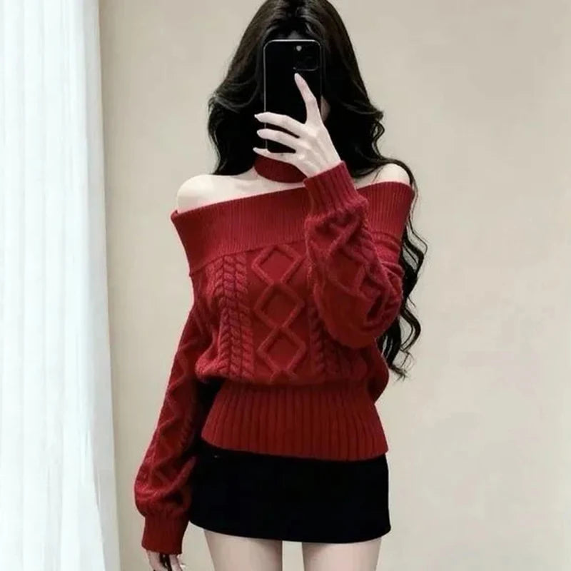 Sexy Off Shoulder Knit Sweater Women Cable Striped Slim Y2K Pullover Fashion Casual Preppy Style Long Sleeve Spring Fall Top