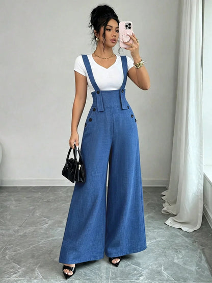Women's Casual Elegant Button Detail Wide Leg Pants Overalls Trendy Comfortable Fashionablealls