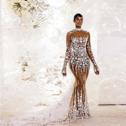 Gorgeous Applique Long Wedding Dress Beaded Lace Mermaid Bride Dresses Beading See Through Illusion Wedding Gown with Sleeves