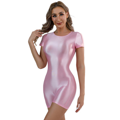 Women's Swimsuit One Piece Swimwear Oil Glossy Stretchy Gym Fitness Long Sleeve Round Neck Tights Leotard Bodysuit Clubwear