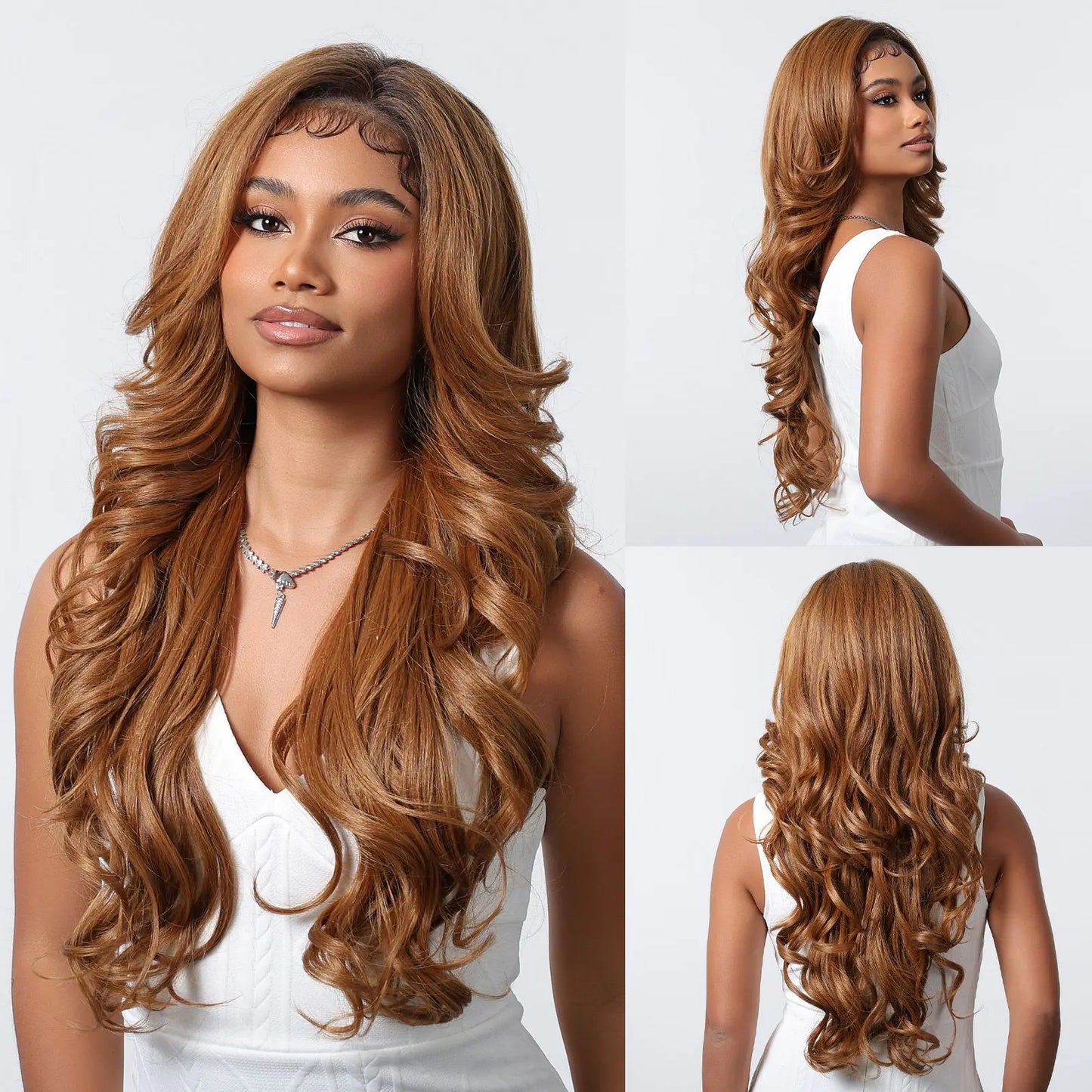 13*6 Lace Front Synthetic Wigs for Black Women Brown Copper 26 Inches Long Wavy Curly Wigs With Baby Hair Natural Hairline Wigs