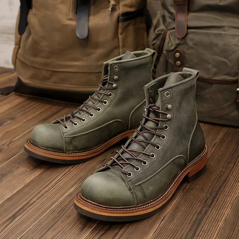 KOWM Cowhide Hiking Shoes Men's Walking Boot British Trekking Shoes Thick Soled Cowhide High Top Motorcycle Boots Ankle Sneakers