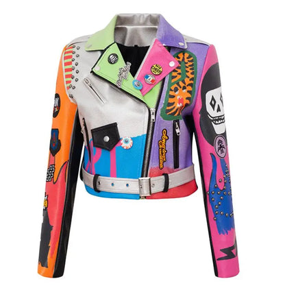 3xl women and men rivet beading pu leather jacket hit color streetstyle Graffiti outerwear letters printed leather jackets