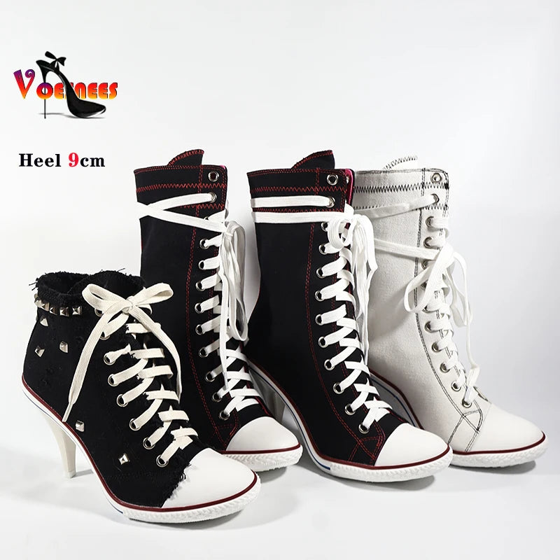 2024 NEW Spring High Heels Rivet Black Shoes Women Fashion Thin Heels Denim Canvas Shoes High Top Round Toe Lace Up Ladies Boots