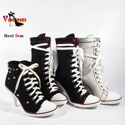 2024 NEW Spring High Heels Rivet Black Shoes Women Fashion Thin Heels Denim Canvas Shoes High Top Round Toe Lace Up Ladies Boots