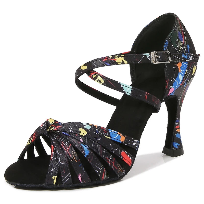 Latin Dance Shoes Women's Flower Satin Salsa Tango Ballroom Party High Heel Women's Shoes Summer Dance Sneakers Outdoor Sandals