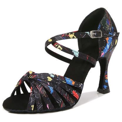 Latin Dance Shoes Women's Flower Satin Salsa Tango Ballroom Party High Heel Women's Shoes Summer Dance Sneakers Outdoor Sandals