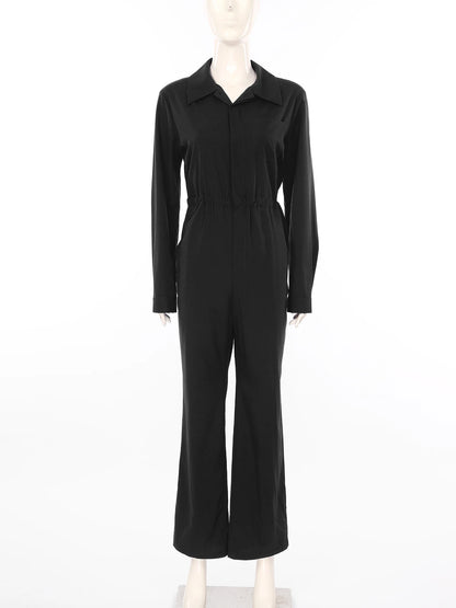 Womens Fashion Work Coverall Rompers Casual Solid Color Turn-Down Collar Long Sleeve Button Jumpsuit Travel Holiday Cargo Pants