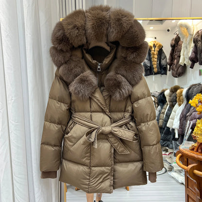 Women Winter Long Down Jacket Genuine Fox Fur Large Collar Hooded Slim Fit Waist Belt Warm Fashion Versatile Casual Winter Coat