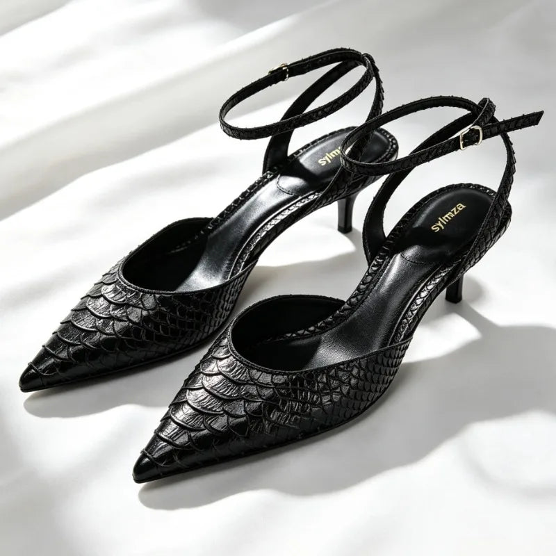 Black Embossed Upper Slingback Pumps Women Sexy Pointed-Toe Ankle-Strap Buckle Kitten-Heel Sandals Luxury Brand Designer Shoes