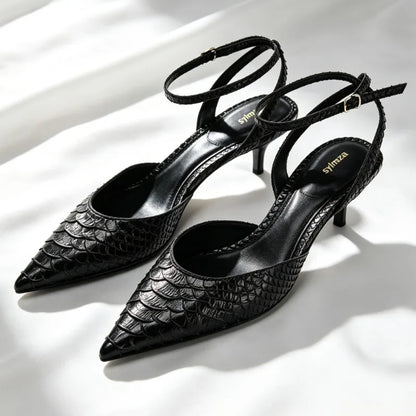 Black Embossed Upper Slingback Pumps Women Sexy Pointed-Toe Ankle-Strap Buckle Kitten-Heel Sandals Luxury Brand Designer Shoes