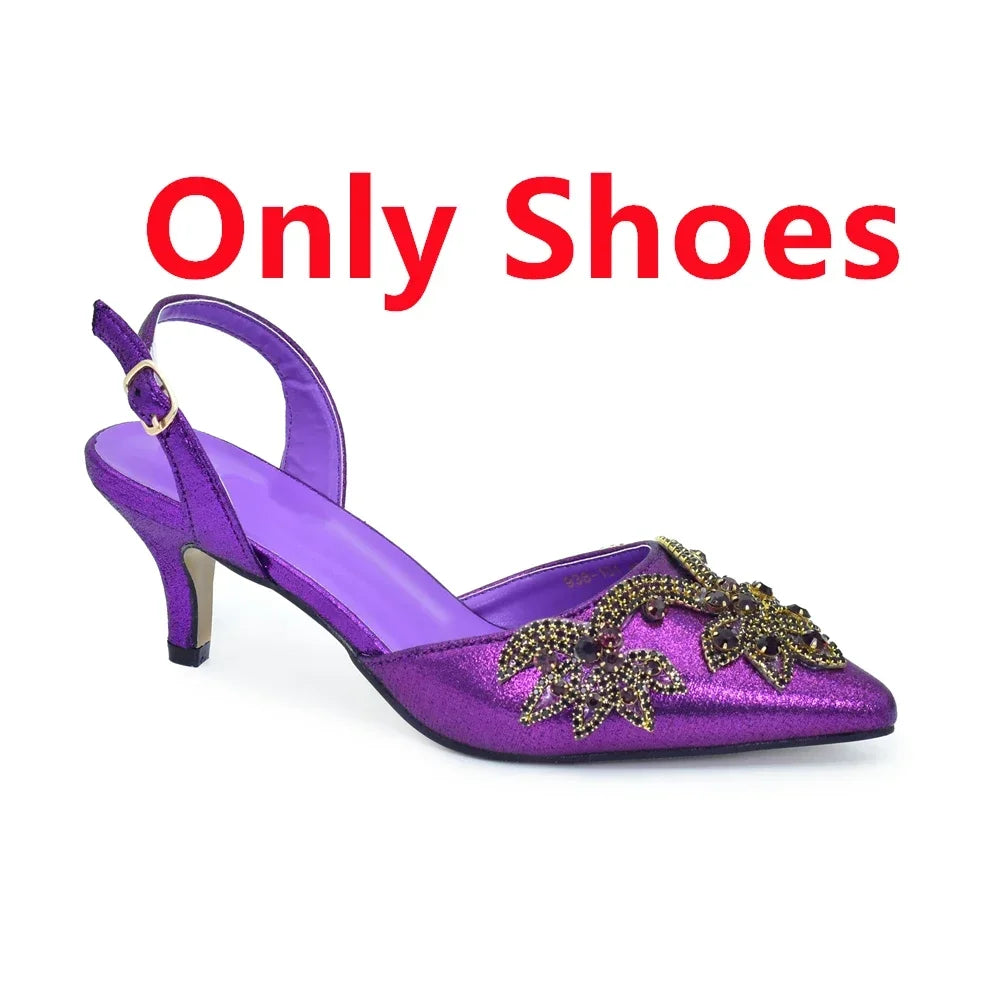 New Fashion Women Shoes and Bags To Match Set Nigeria Party Full Diamond Decoration Metal Closure Shoes for Party Luxury Pumps