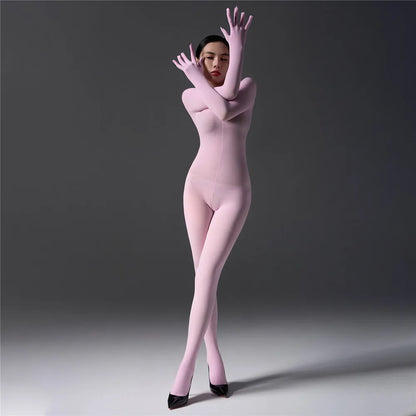 Sexy Women 120D Tights Hooded Mask Elastic Bodysuit Sheer See Through Rompers Glove Jumpsuits Cosplay Maid Leotard