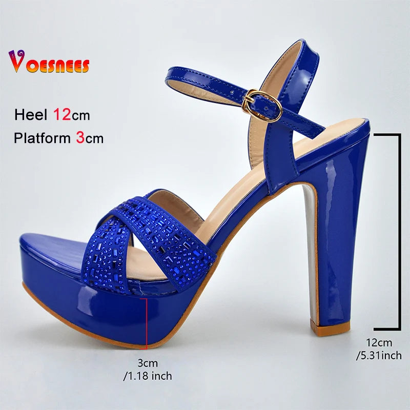 Blue Rhinestone Sandals With Platform Summer Party Dress Luxury Shoes For Woman 12CM Thick High Heels Cross Band Elegant Sandals