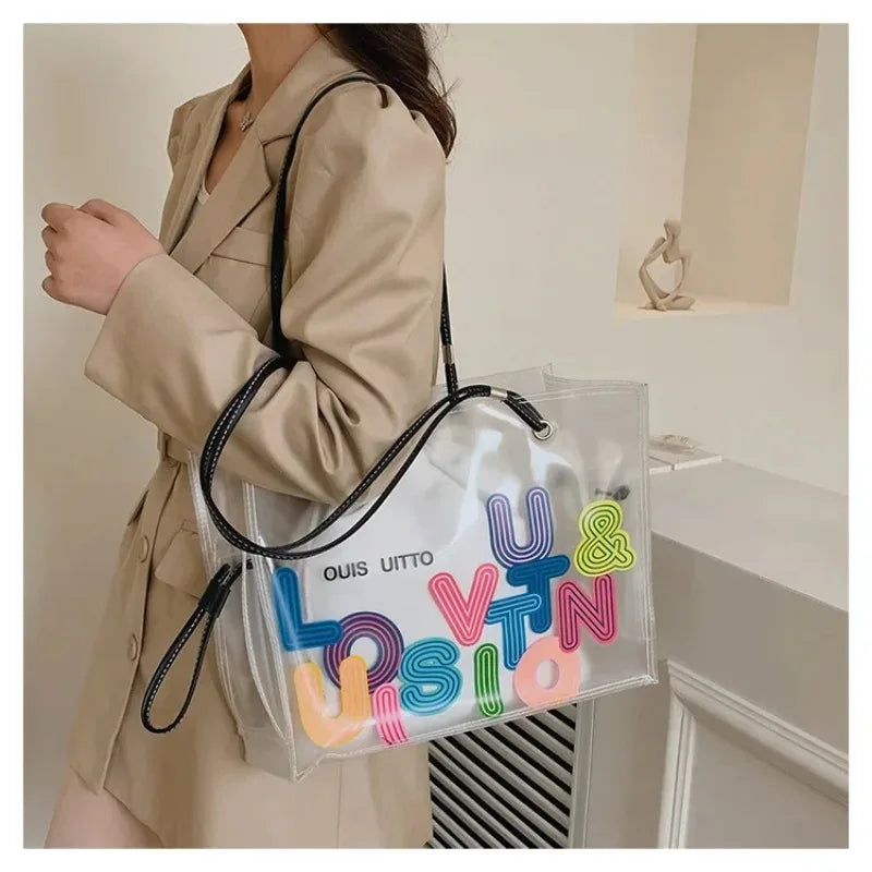 New FashionTransparent Tote Bag for Women Large Capacity Jelly Shoulder Handbag Versatile Casual Crossbody Bag for Spring Summer