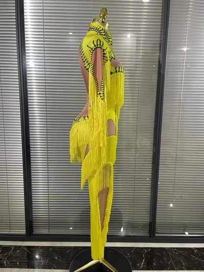 Yellow Tassel Jumpsuit Women Long Sleeve Spandex Skinny Fringe Leotard Sexy Stage Wear DJ Singer Dancer Party Show Costume