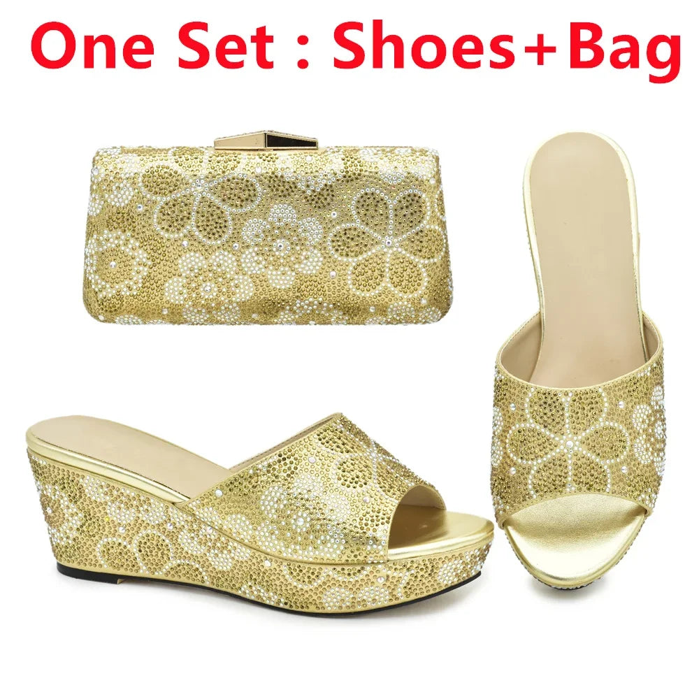 Classics Design Nigerian Women Shoes Matching Bag Set with Shinning Crystal Wedges Shoes for Women Italian Women Party Pumps