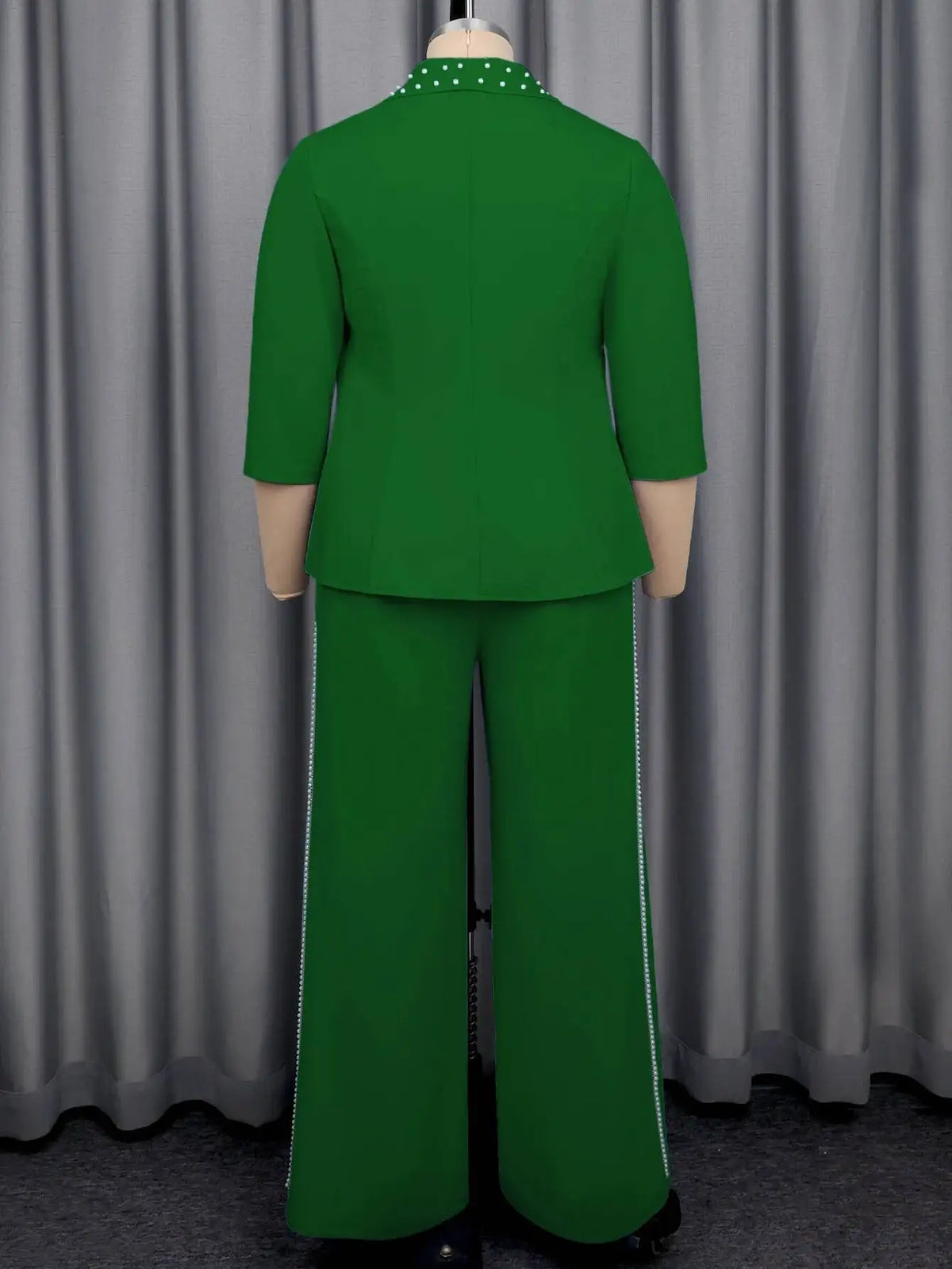 Plus Size Women's Green Beaded Blazer Suit Three-quarter Sleeve Top + Wide-leg Pants Elegant Two-piece Set Casual Y2K Two Piece