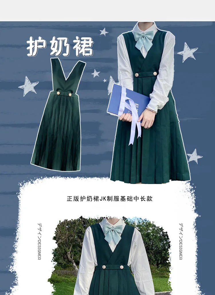 Japanese Korean Class High School Student Girl Long Pinafore Pleated Dress  JK Uniform Cosplay Seifuku Schoolgirl Sundress