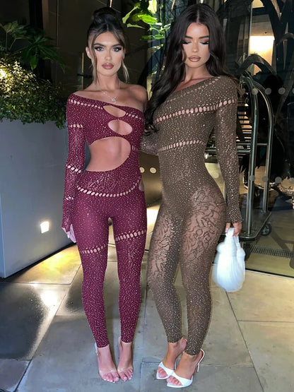 Sibybo Off Shoulder Long Sleeve Jumpsuits Women Fashion Rhinestones High Stretch Hollow Out Sexy Overalls Sparkly Party Rompers