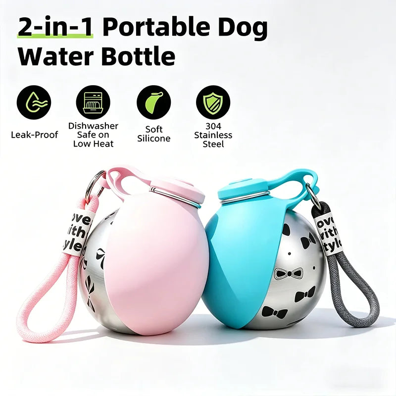 2-in-1 Portable Leak-Proof Compact Dog Travel Water Bottle Stainless Steel Silicon for Small Dogs