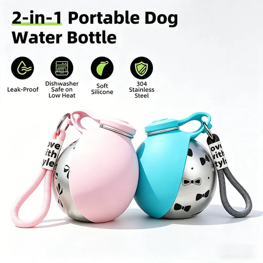 2-in-1 Portable Leak-Proof Compact Dog Travel Water Bottle Stainless Steel Silicon for Small Dogs