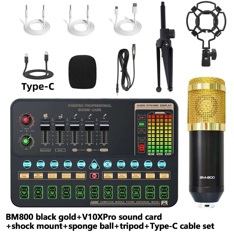 V10XPro Sound Card Studio Mixer Singing Noise Reduction Microphone Voice BM800 Live Broadcast Phone Computer Record V10X Pro set