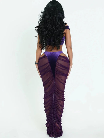 Kliou Sexy Fashion 2 Piece Set Woman Velvet Cross Kink Tank Tops+Hollow Design Ruched Long Skirts Club Party Coquette Outfits