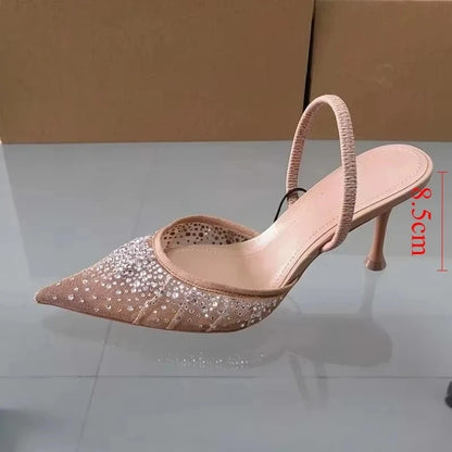 Luxury Broken Drill Diamond Mesh Fabric Women Sandals 2025 Summer Slingback Elegant Pointed Toe High Heels Fashion Lady Shoes