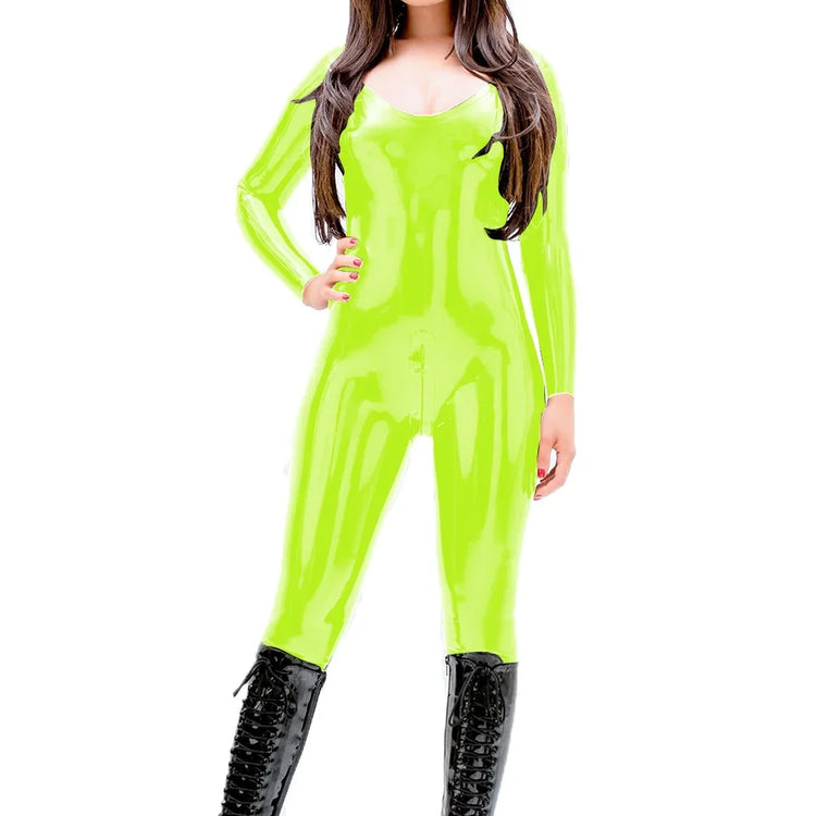 Women Sexy V Neck Jumpsuits Vinyl PVC Leather Long Sleeve Jumpsuit Ladies Party Zipper Open Crotch Bodysuit Faux Latex Rompers