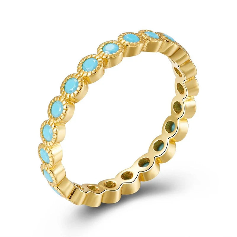 24K Gold Plated Colorful Crystal Gold Rings Turquoise Engagement Wedding Anniversary Ring Light Luxury Fashion Jewelry Gifts A40