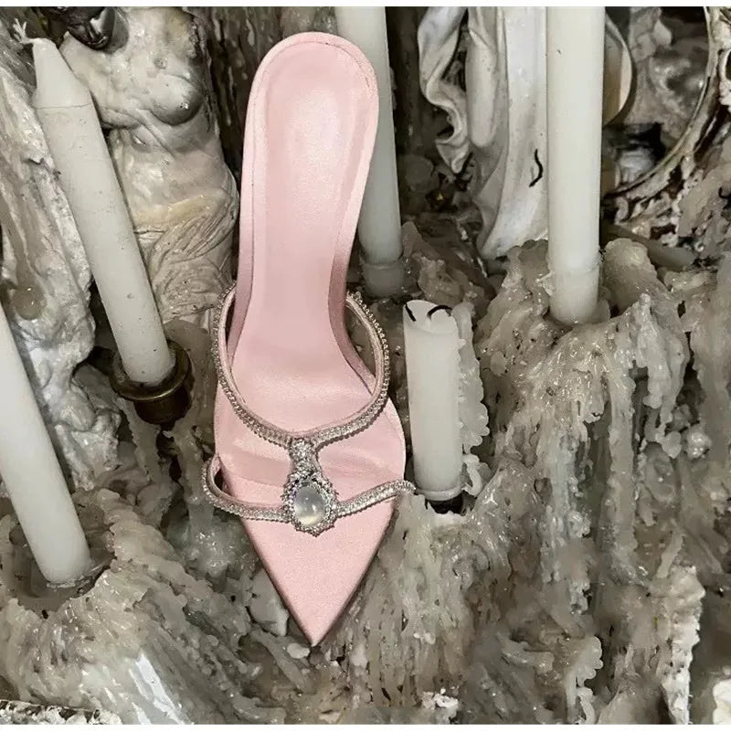 Luxury Rhinestones Gem Narrow band Women Slipper Sandals Elegant Pointed toe Thin High heels Mules Slides Fashion Party Shoes