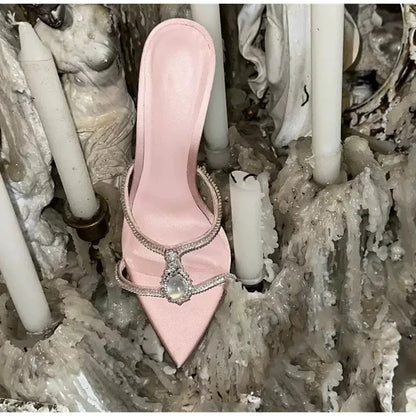 Luxury Rhinestones Gem Narrow band Women Slipper Sandals Elegant Pointed toe Thin High heels Mules Slides Fashion Party Shoes