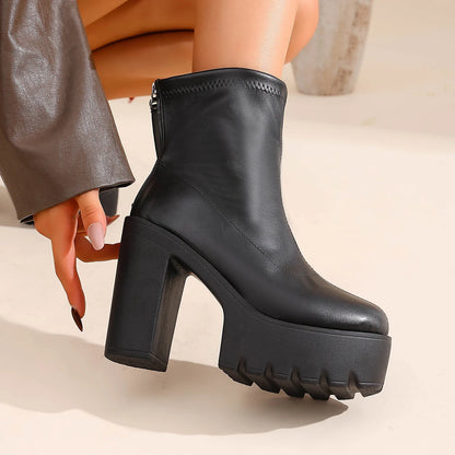 Women High Thick Sole Wide Heel Boots Designer Fashion Platform Boots Ladies High Quality Luxury Women Leather Boots Shoes