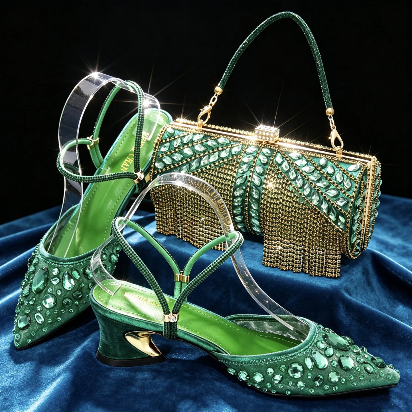 Women Purple Rhinestone Shoes Matching Bag Set Italian Design Chunky Heel Pumps Tassel Clutch Purse Nigeria Wedding Party Dress