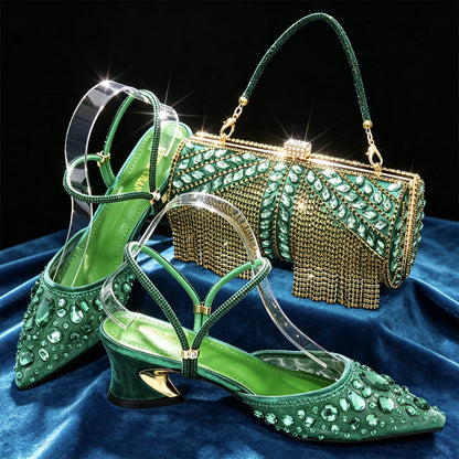 Women Purple Rhinestone Shoes Matching Bag Set Italian Design Chunky Heel Pumps Tassel Clutch Purse Nigeria Wedding Party Dress