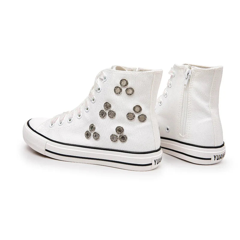 Breathable Hollow Canvas Short Boots Summer Women Black Casual Shoes Punk Rivet Flat Bottomed Shoes 2CM Woman High top Sneakers