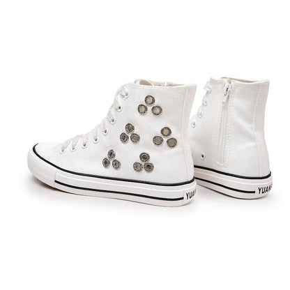 Breathable Hollow Canvas Short Boots Summer Women Black Casual Shoes Punk Rivet Flat Bottomed Shoes 2CM Woman High top Sneakers