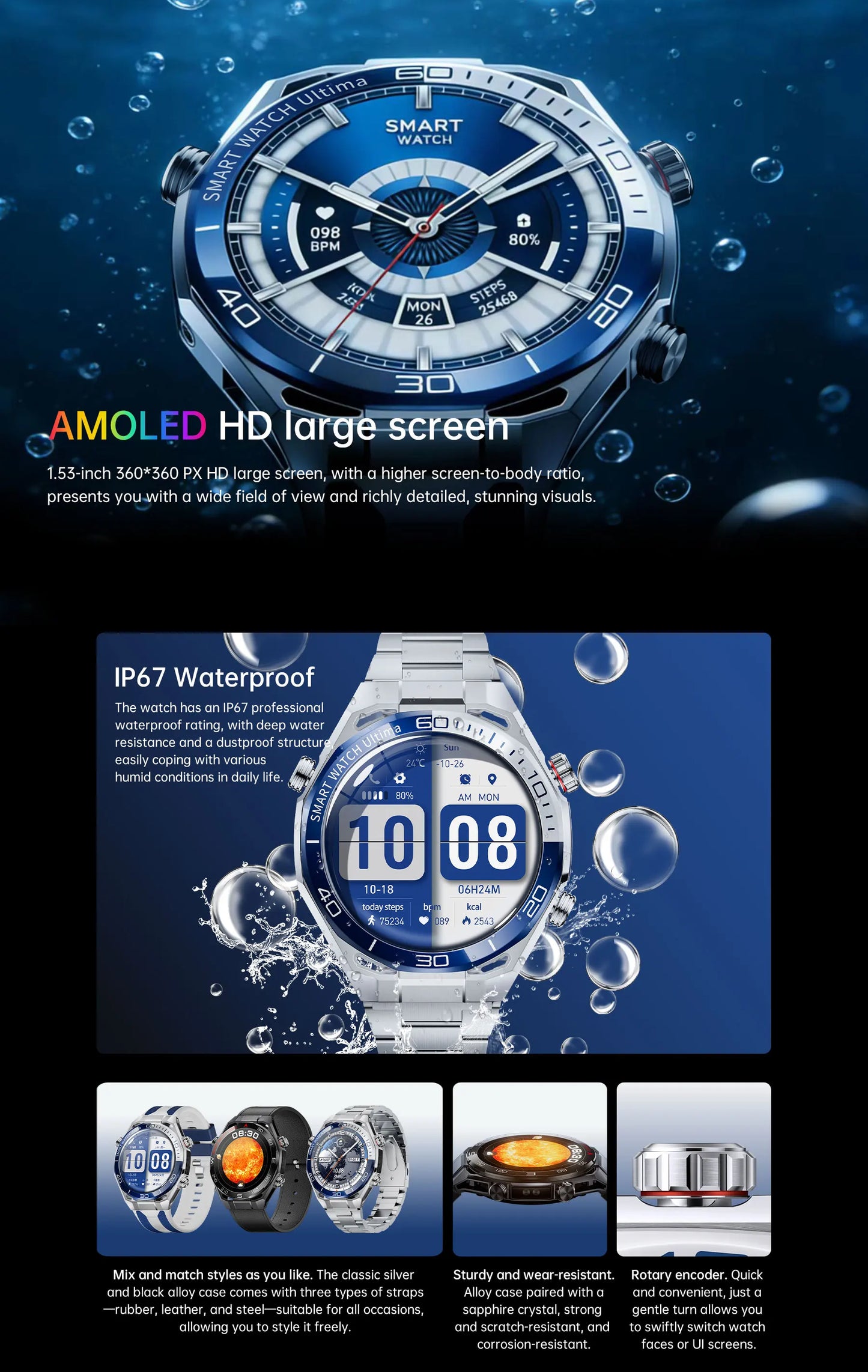 Men Smart Watch Amoled HD Screen Outdoor Sport Tracker Health Monitoring LED Flashlight Bluetooth Call AI Voice SK55 Smartwatch