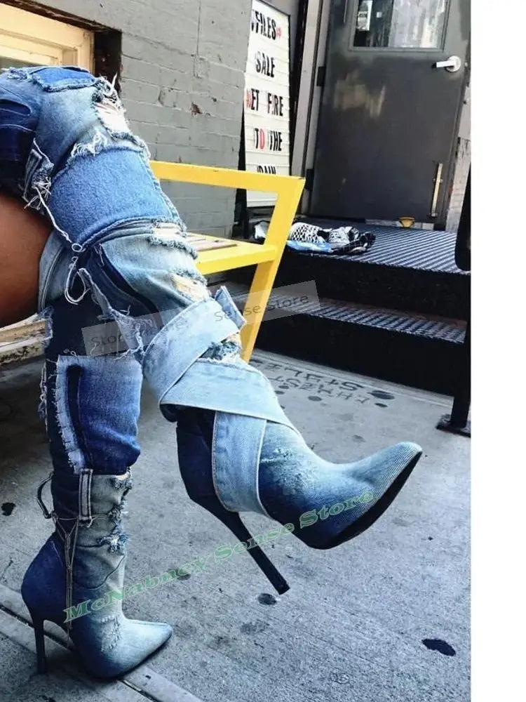Holed Cowboy Shoes Boots Pointed Toe Thin High Heels Mixed Colors Spring Autumn Slip On Women Shoes Over The Knee Designer Sexy