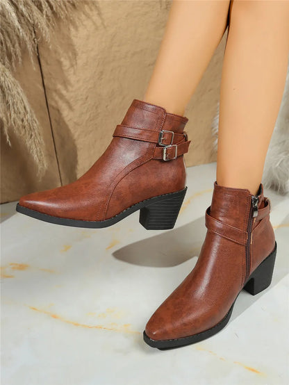 Retro Belt Buckle Women Short Ankle Boots Plus Size 43 Autumn Zipper Soft Leather Square Heel Ladies Pointed Toe Party Shoes New