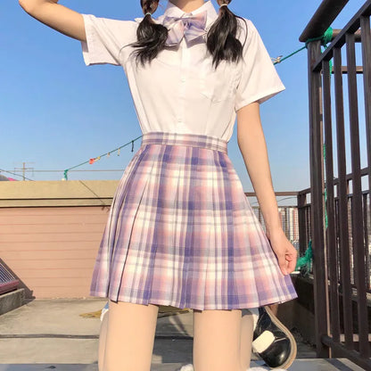 New Japanese School Uniform Korean Student Jk Seifuku Blouse Pleated Skirt Tie Full Set Girl Plaid Skirt Pink Uniforms For Woman