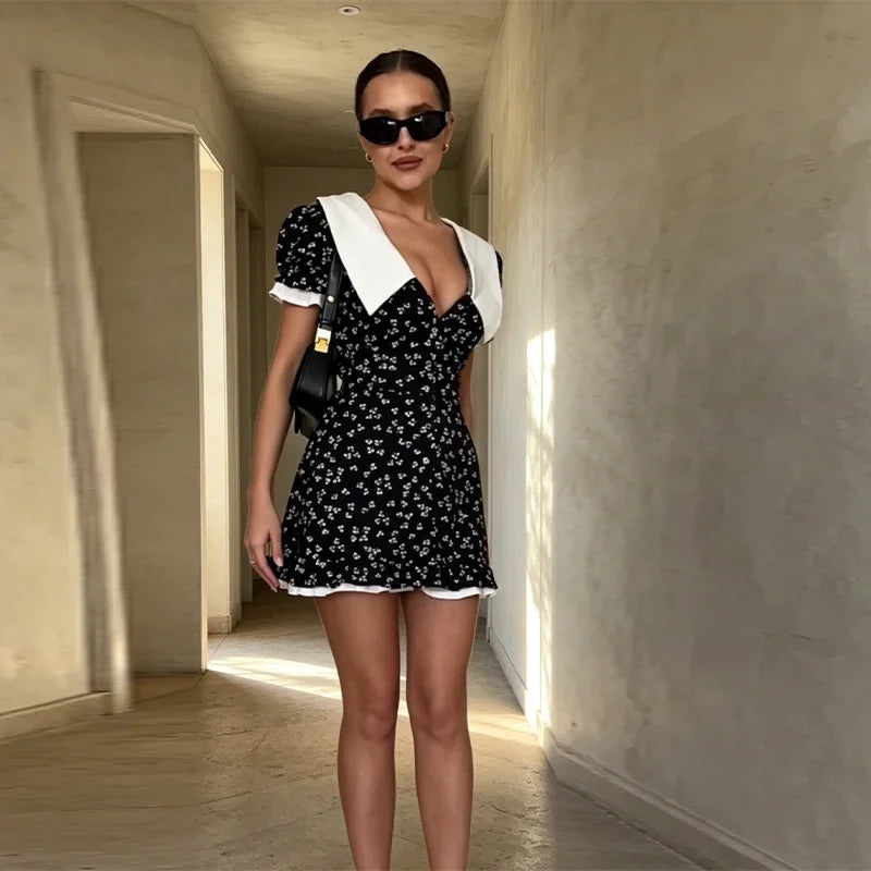 Sweet Floral Print Puff Sleeve Mini Dress Women Fashion Peter Pan Collar A-line Button Vestido Summer Vacation Date Party Outfit
