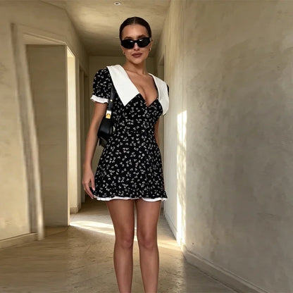 Sweet Floral Print Puff Sleeve Mini Dress Women Fashion Peter Pan Collar A-line Button Vestido Summer Vacation Date Party Outfit